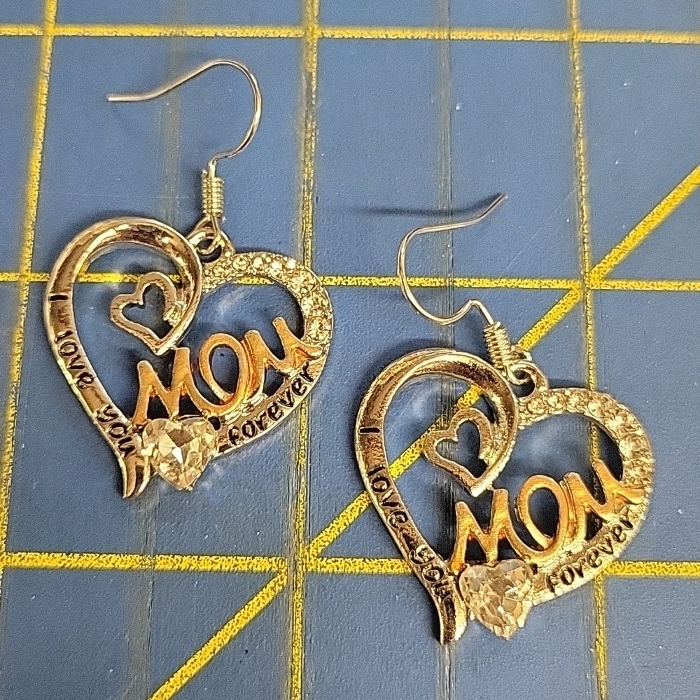 MOM I Love You Forever Silver Tone Rhinestone Earrings